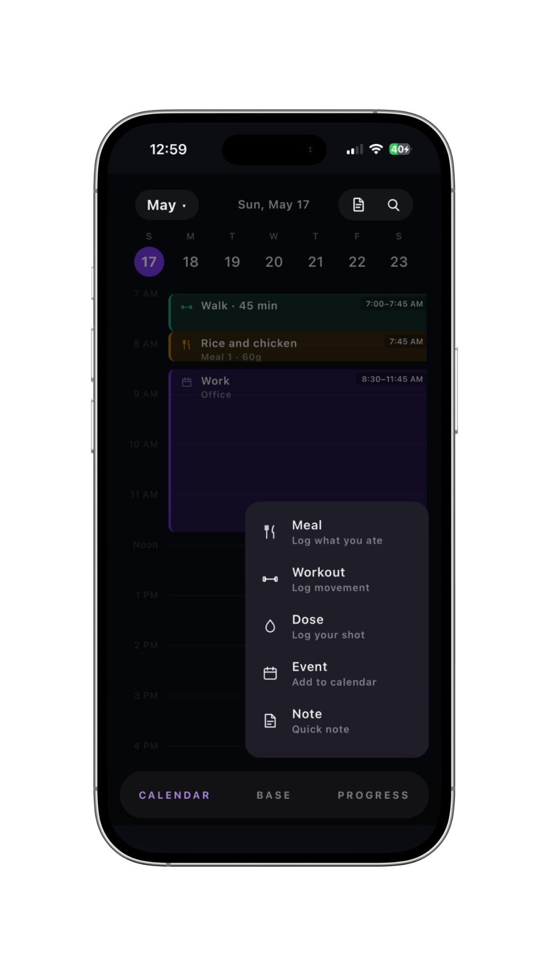 MN8 calendar view showing meals slotted between meetings, workouts, and a shot-day reminder