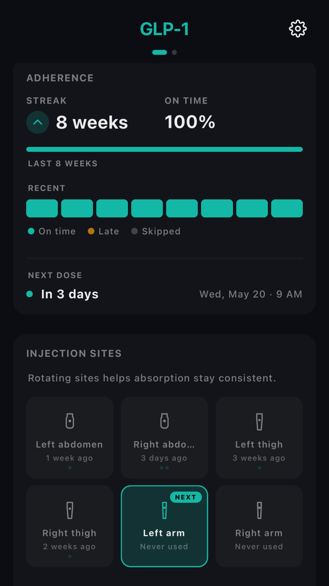 MN8 dose tracker with injection site rotation